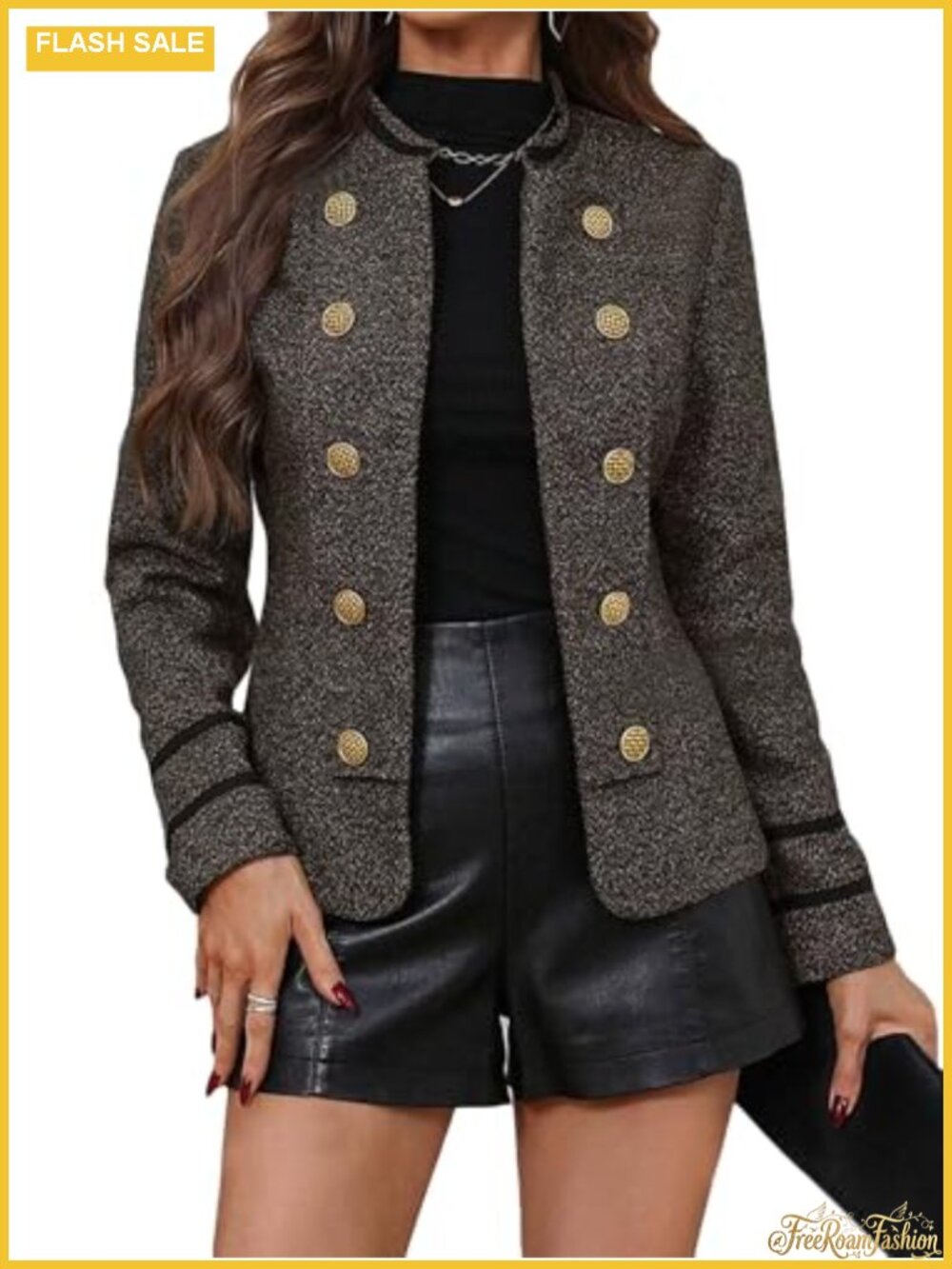 Women's Tweed Blazer Jacket Open Front Slim Fit Double-Breasted Stand Collar
